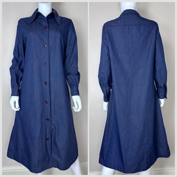 Vintage 1970s Halston Three Denim Dress Coat, Rain Jacket Size S-M Neiman Marcus